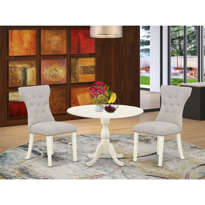 East West Furniture 3 Piece Dinette Set- a Round Dining Table with Dropleaf and 2 Linen Fabric Dining Chairs, (Finish Options) - DMGA3-LWH-35