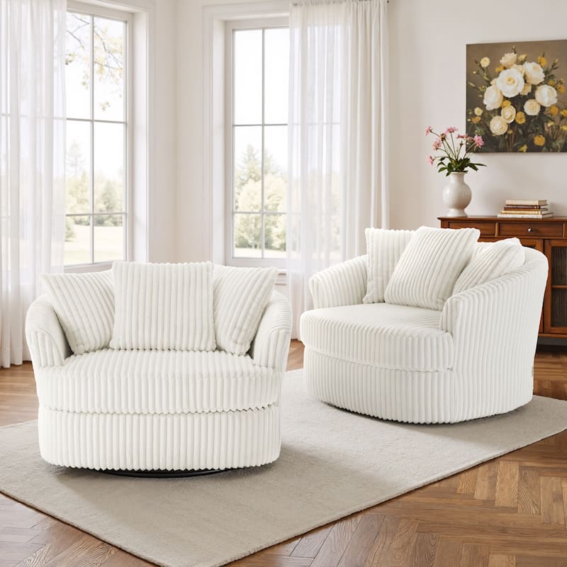 2 Set Oversized 43" W Plush Corduroy Swivel Barrel Chair with Pillows - Beige