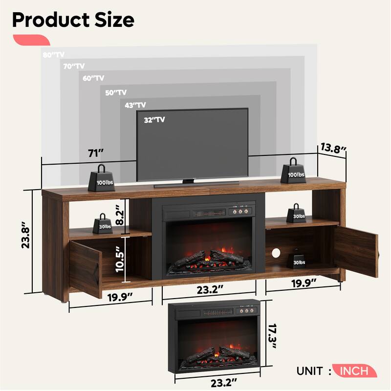 Bestier 70" Fireplace TV Stand for TVs up to 75", LED Entertainment Center with 23" Remote Control Electric Fireplace