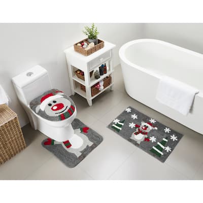 Christmas Reindeer Bath Rug Set Toilet Lid Cover & Contour