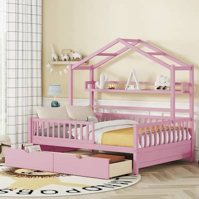 Full Wooden House Bed with Storage Drawers