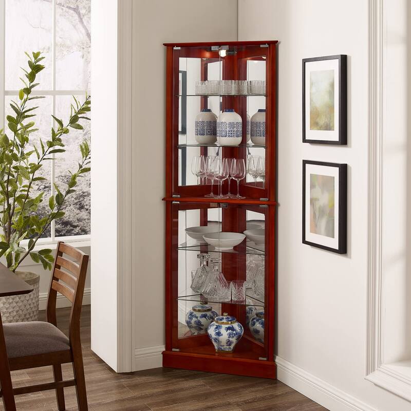 Corner Curio Cabinet with Lights, Floor Standing Display Cabinet with Adjustable Tempered Glass Shelves & Mirrored Back