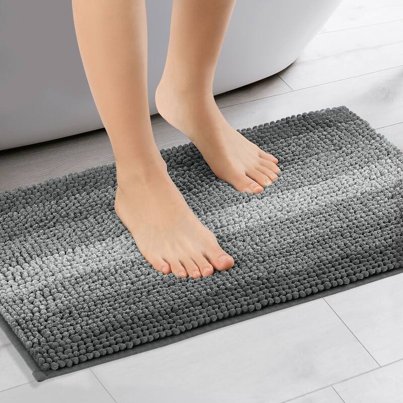 Contrasting Color Striped Bathroom Rugs, Non-Slip Plush Shaggy Bath Carpet, Bath Mats - Black - 16" x 24"