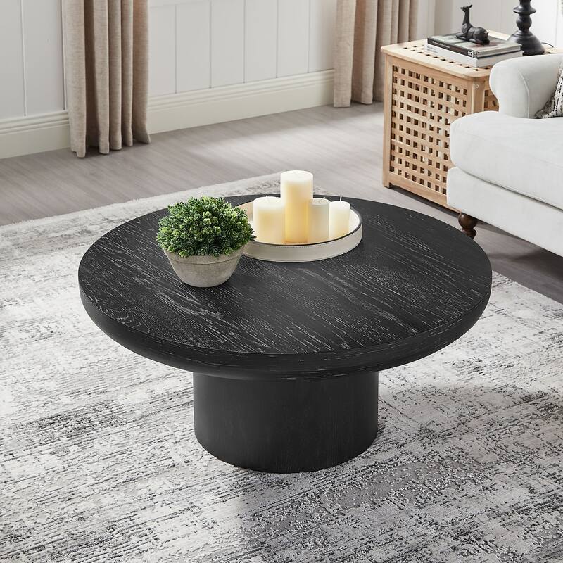 GDF Studio - Caden Modern Wood Veneer Round Coffee Table with Cylindrical Base