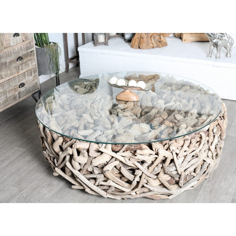 Driftwood Handmade Stacked Collage Coffee Table with Tempered Glass Top - Brown - Roche River Decor - 48"Wx48"Lx16"H