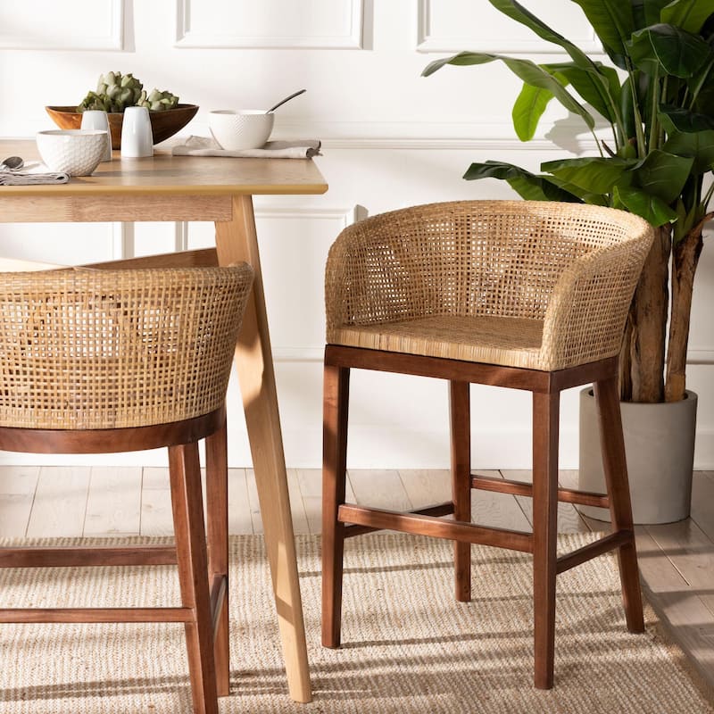 Papua Modern Bohemian Natural Rattan and Acacia Wood Counter Stool