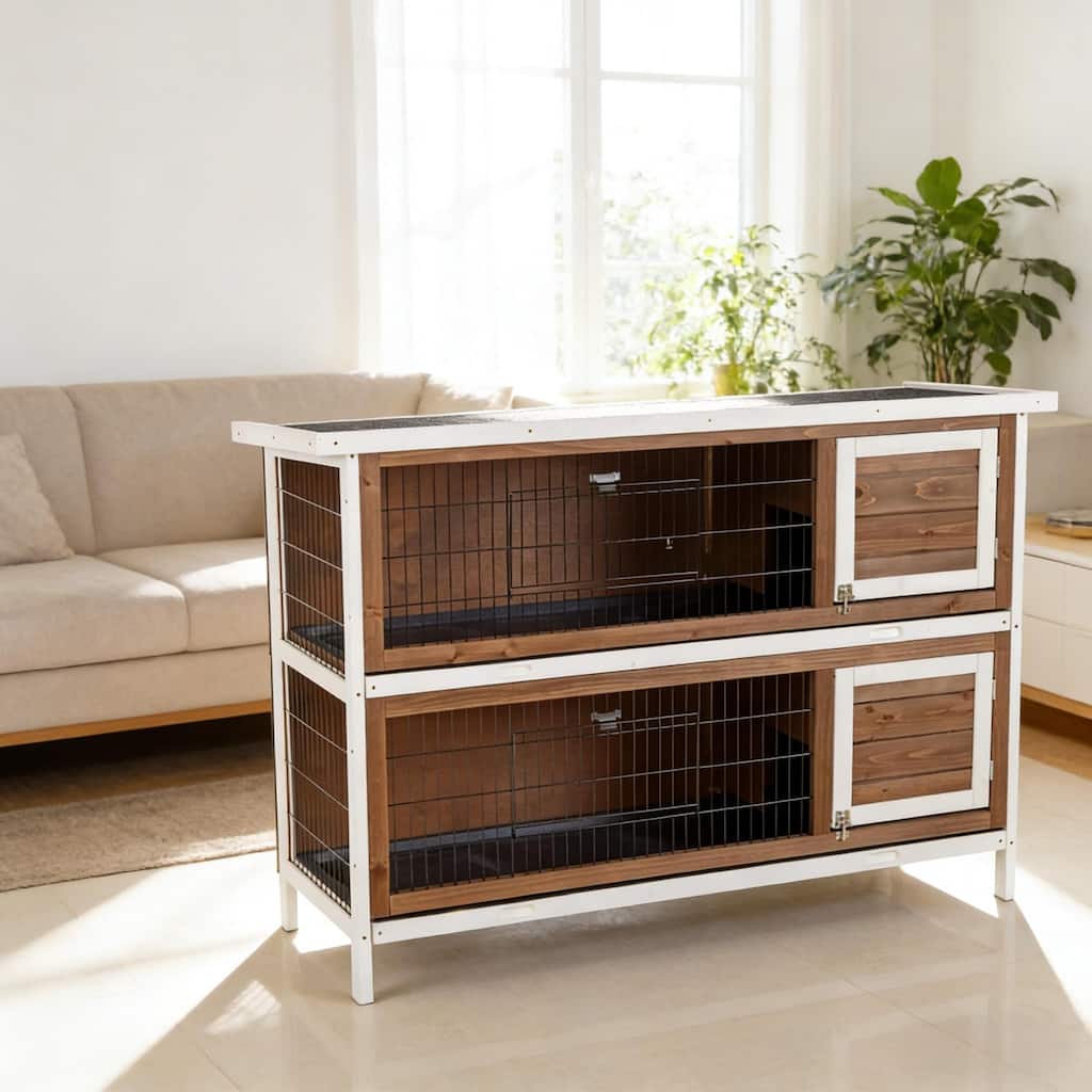 Spacious Pet House,2-Story Large Rabbit Hutch is designed for convenient cleaning - Brown