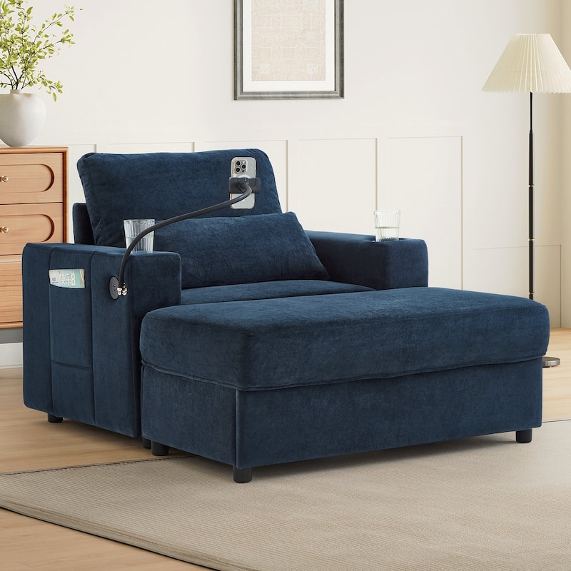 Modern Style Armchair 42.5" Chaise Lounge Sofa Couch with a Movable Storage Ottoman, Two USB Ports, Two Cup Holders