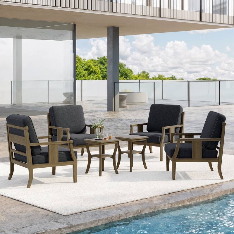 6-Piece Outdoor Teak Seating Set Armchair Patio Conversation Sets with 2 Tables, Cushion - Natural Wood - Dark Grey