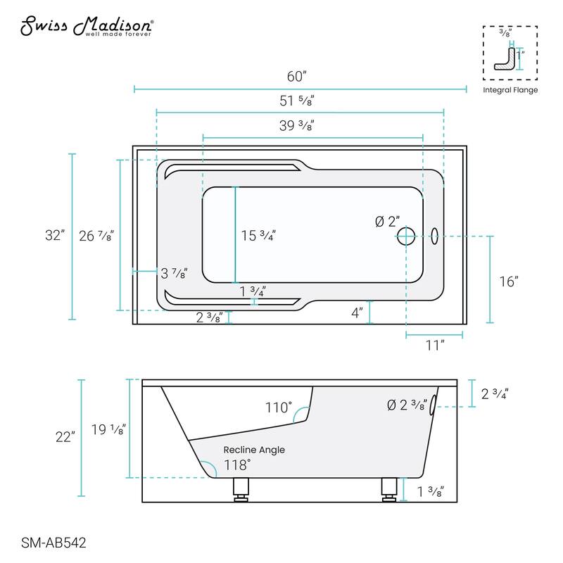 Voltaire 60" X 30" Alcove Bathtub with Apron