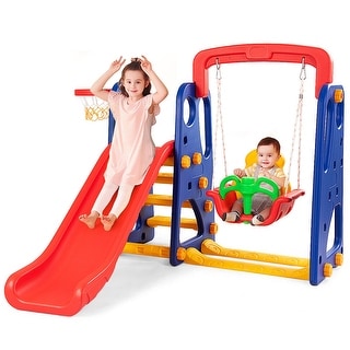 Goplus 3 in 1 Junior Children Climber Slide Swing Seat Basketball Hoop