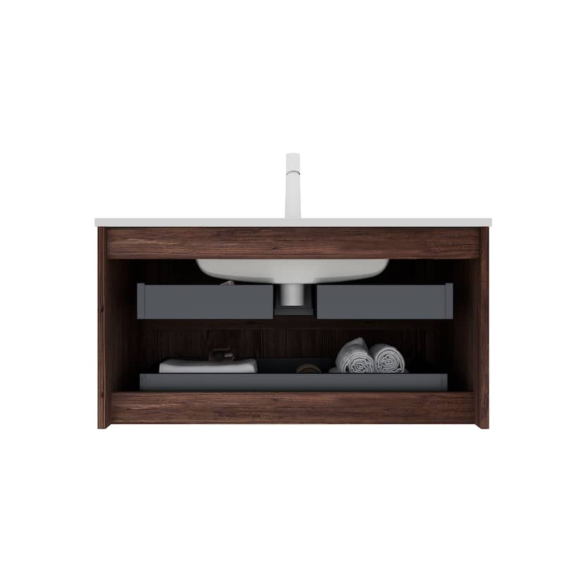 GDFStudio - Noor Modern Floating Bathroom Vanity with Dual Drawers & White Ceramic Basin, WITHOUT Faucet