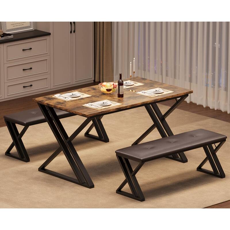 3 Piece Z-Shaped Leg Dining Table with 2 Benches, Space-Saving