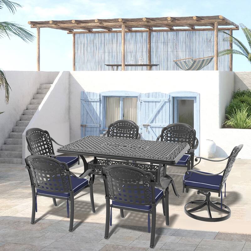 7 Pcs Outdoor Dining Set, Patio Aluminum Furniture Set with 2 Swivel Rocker Chairs, 4 Dining Chairs and Rectangular Table - Black