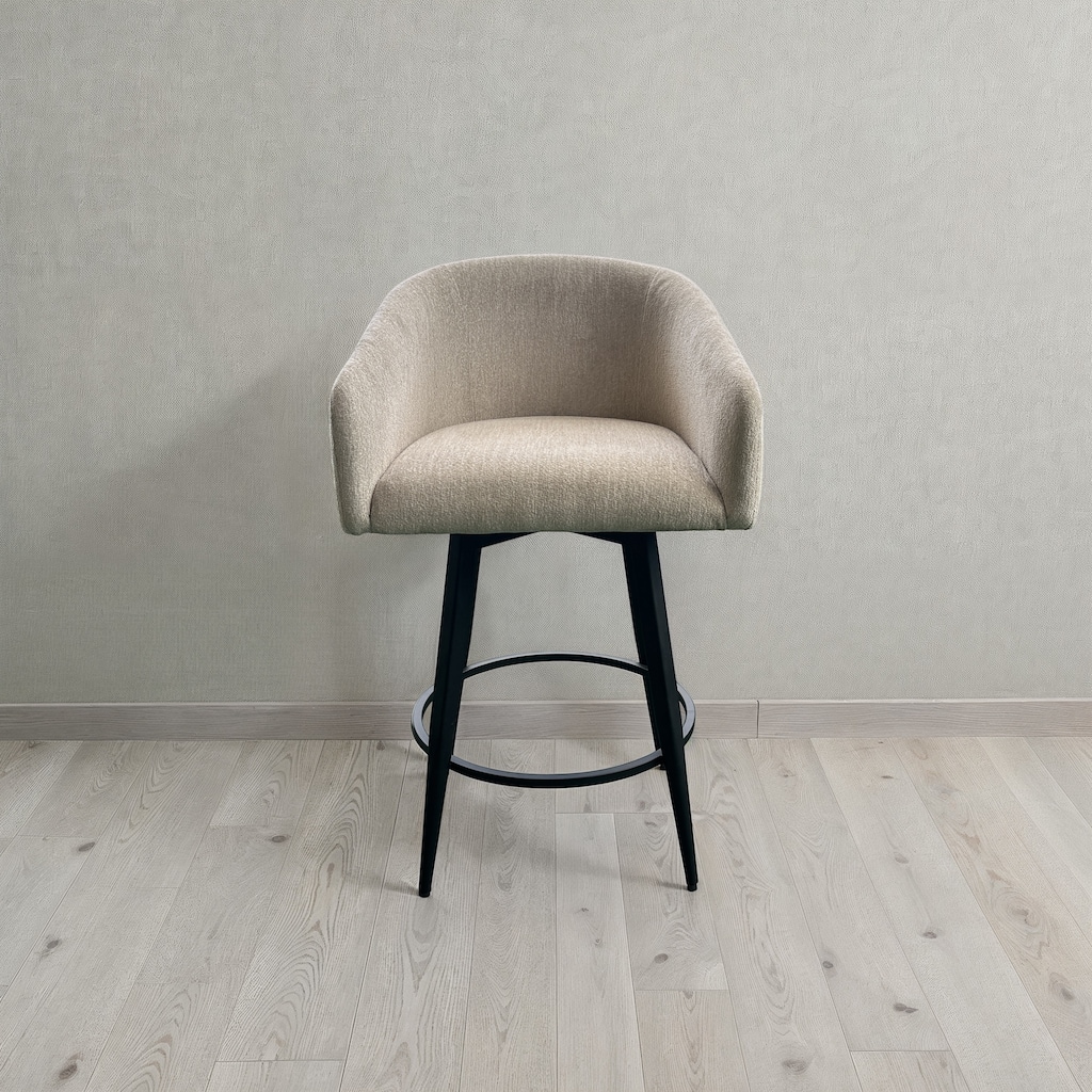 Metal Base Barrel Seat Swivel Barstool in Champagne Fabric
