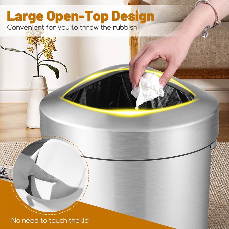 Gymax Stainless Steel Corner Trash Bin w/ Lid Large Open Top Anti-slip