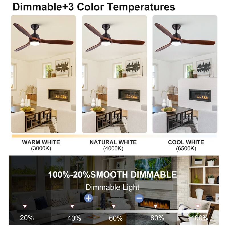 YUHAO 52 in. Indoor Matte Black Solid Wood Ceiling Fan with Integrated LED and Remote Control