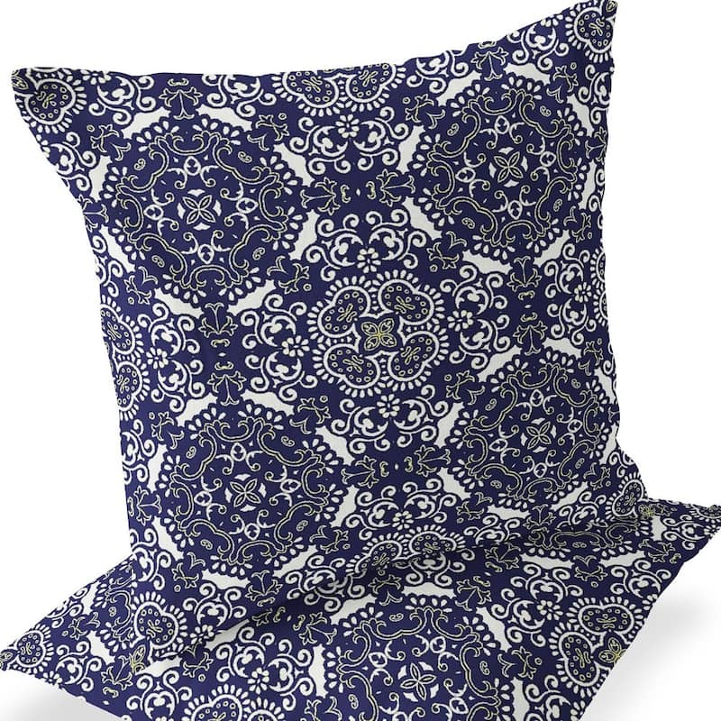 HomeRoots Set of Two 16" X 16" Blue and White Blown Seam Damask Indoor Outdoor Throw Pillow - 16.00' X '16.00' X '5.00