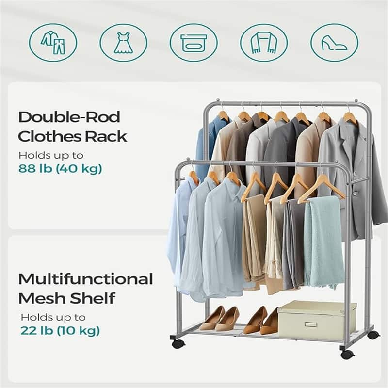 Double Rod Clothes Rack with Wheels - 23.4"D x 36.4"W x 62.2"H