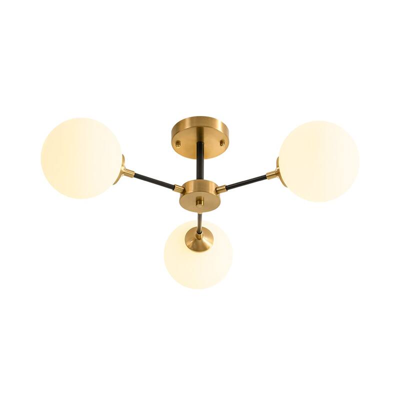 3-Light Brass Black Frosted White Glass Sputnik Semi Flush Mount - 26 Inches