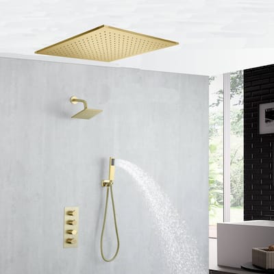 brushed gold 20 inch rain LED shower heads 3 way thermostatic shower system with regular shower head - 7'6" x 10'9"