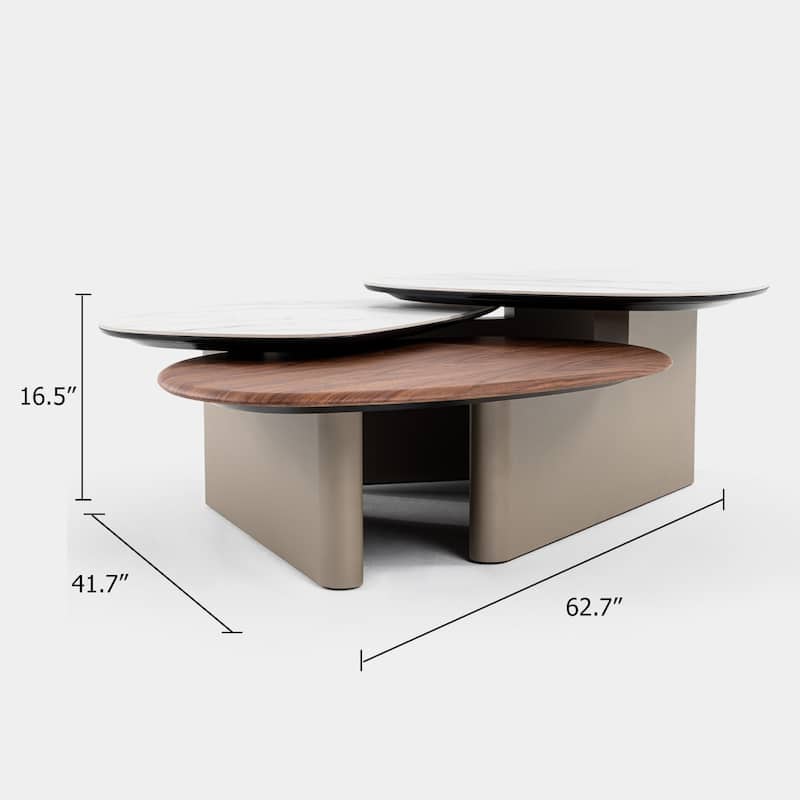 Cid Rob Coffee Table, Walnut Brown Wood, Gray Ceramic, 63 Inch