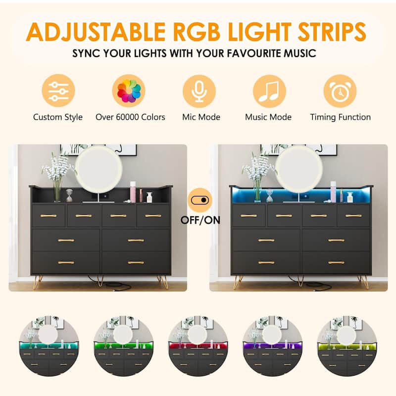 8 Drawer Dresser for Bedroom with LED Light, Charging Station & Open Shelf