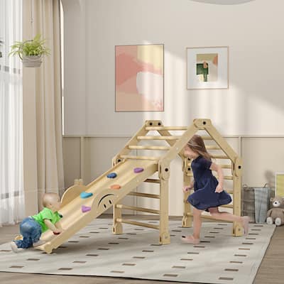 Qaba Indoor Toddler Climbing Toys, 4 in 1 Pikler Climbing Toys for Toddlers 18-48 Months, Foldable with Ramp & Seesaw
