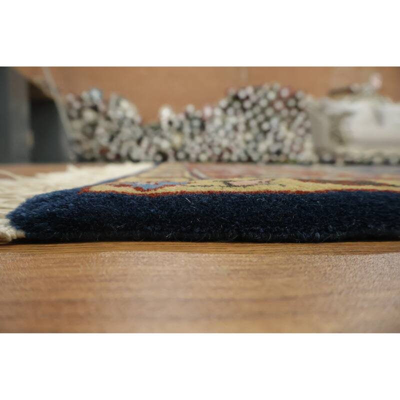 Hand Knotted Oriental 100% Wool Carpet Traditional All-Over Navy Blue & Blues Agra Area Rug - 9' 1'' X 6' 1''