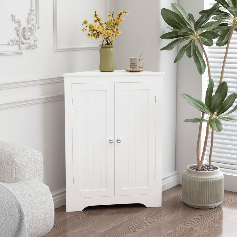 Floor Corner Cabinet With 2 Doors And Adjustable Shelves - White