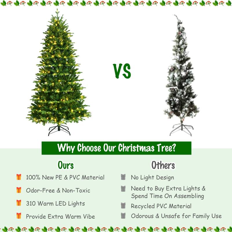 Gymax 6/7/8 ft Pre-Lit Christmas Tree Artificial Hinged Xmas Tree w/
