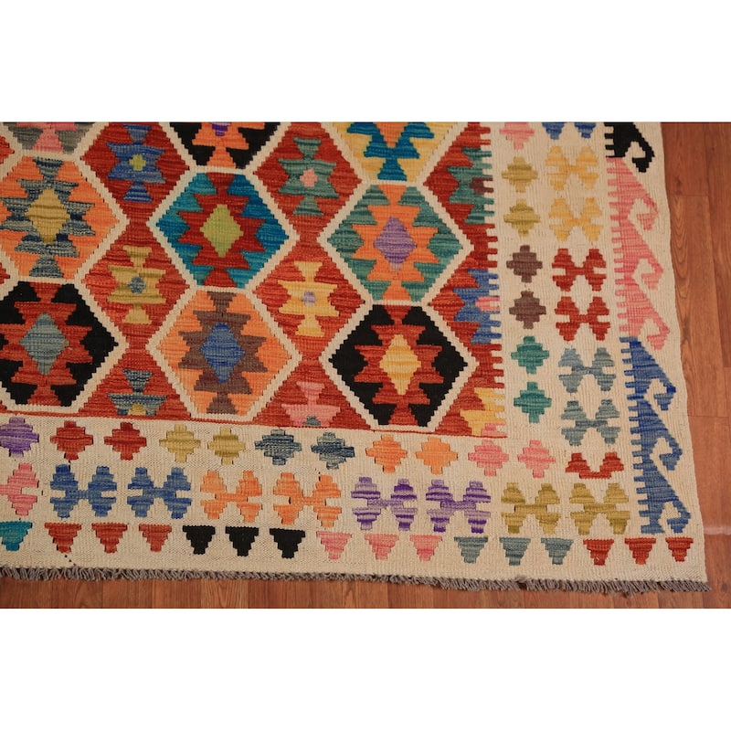 Geometric Kilim Area Rug Hand-Woven Orange Tribal Wool Carpet - 8'10"x 12'0"
