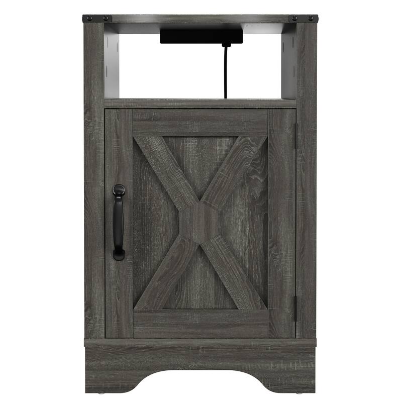 Farmhouse Nightstand Side Table,Wooden Rustic End Table, Tall Bedside Table with Electrical Outlets Charging Station