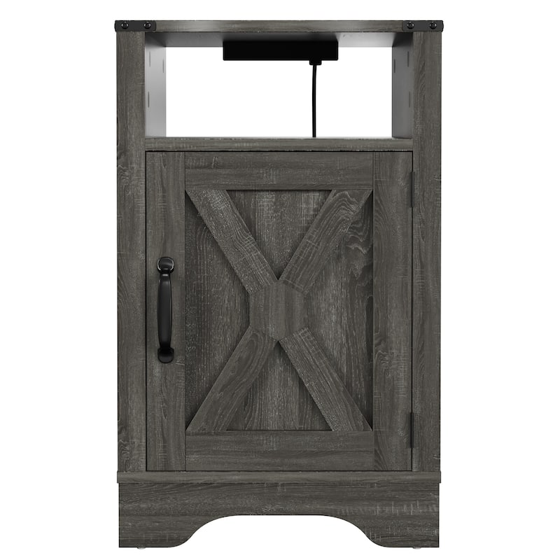 Rustic Farmhouse Nightstand with Charging Station, Dark Gray, Ample Storage
