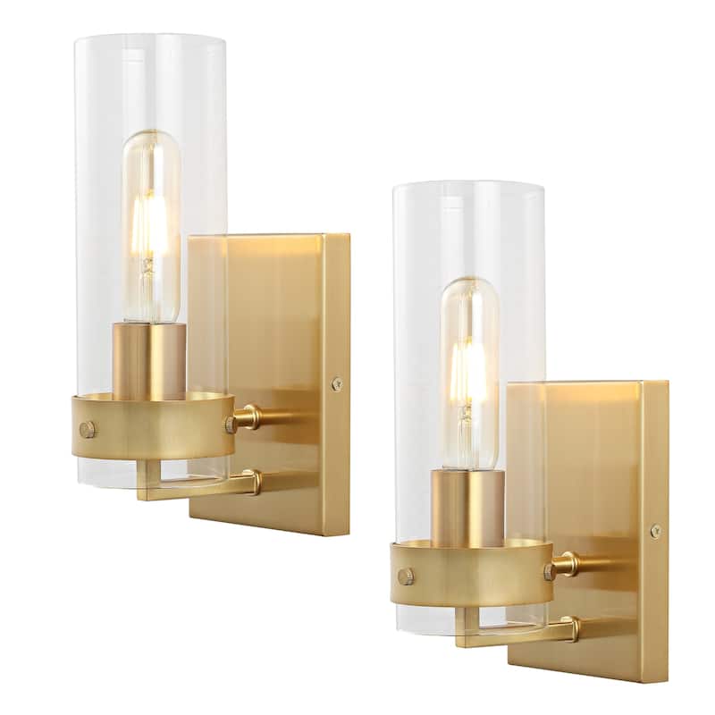 Tierra 4.5" 1-Light Coastal Minimalist Iron/Glass LED Sconce, Brass Gold/Clear (Set of 2) by JONATHAN Y - Brass Gold