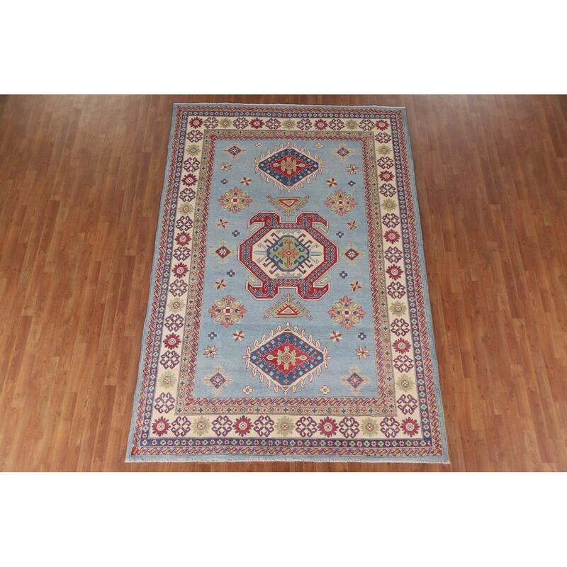 Hand Knotted Oriental 100% Wool Carpet Traditional Geometric Navy Blue & Blues Kazak Area Rug - 10' 0'' X 6' 9''