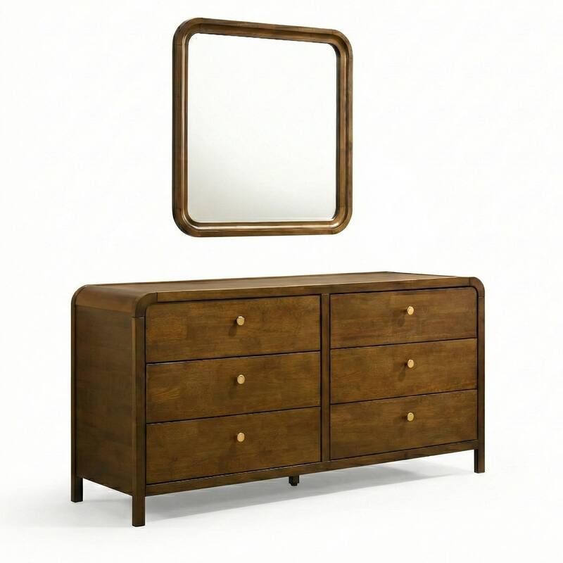 Roundhill Furniture Eldren 6-Drawer Wood Dresser with Mirror, Walnut Finish