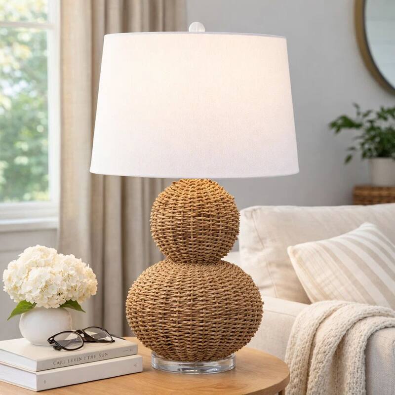 25 Inch Table Lamp, Rattan Woven, Inverted Tapered Shade, White, Beige