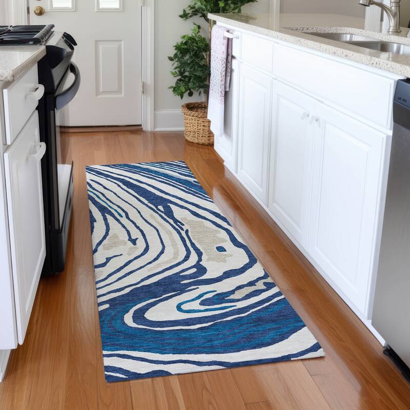 Premium Washable Super Soft Abstract Contemporary Mayfield Rug - Navy - 2'3" x 7'6"