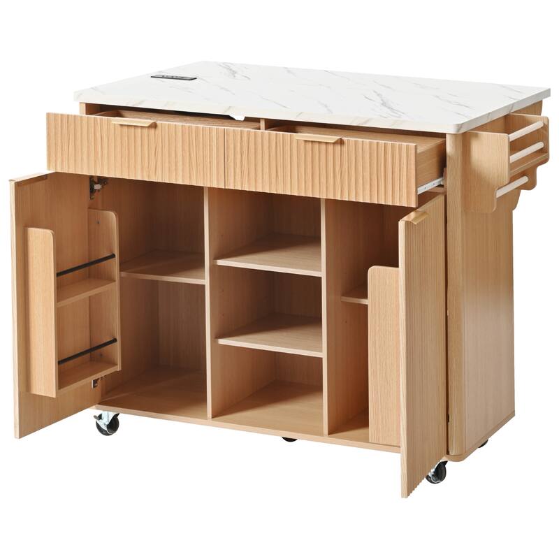 Kitchen Island with Drop Leaf & Power Outlet, Fluted Island Table on Lockable Wheels, Kitchen Cart with Adjustable Shelves