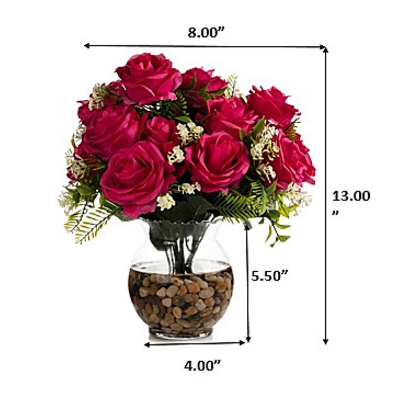 18 Heads Silk Rose Flower in Clear Glass Vase With Faux Water and River Stone for Home Decor, Wedding Table