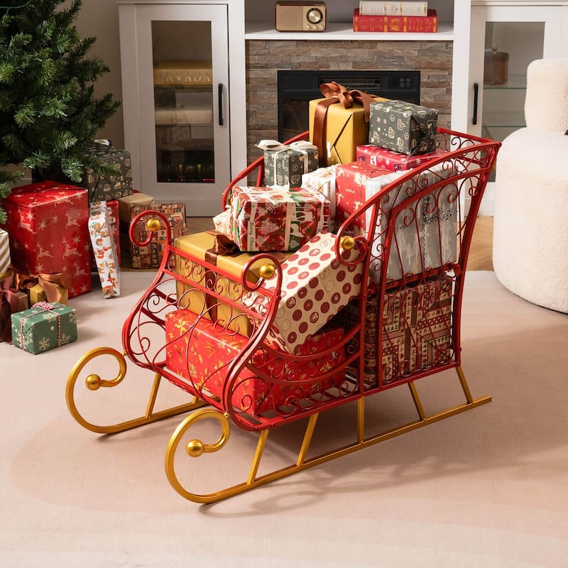 Costway Metal Christmas Santa Sleigh Basket Festive Decorative Sleigh - as pic shows - See Details