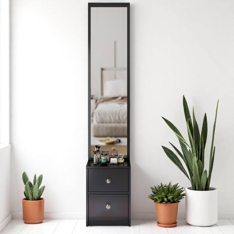 Simple Standing Mirror Cabinet with Storage Shelves, 63" Full-Length Mirror for Bedroom or Vanity Setup - Black