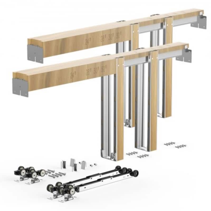 Brown-Silver Wood and Steel Soft-Close Pocket Door Frame Kit Adjustable - 72x80