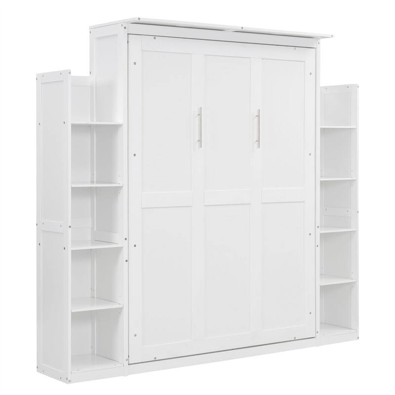 Solid Wood Murphy Wall Bed w/ LED Lights & Open Storage Shelves, Full/Queen Size Folding Murphy Cabinet Bed, Space Saving Design