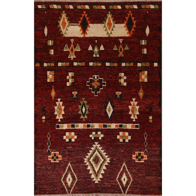 Hand Knotted Oriental 100% Wool Carpet Modern Tribal Red Moroccan Area Rug - 7' 9'' X 5' 8''