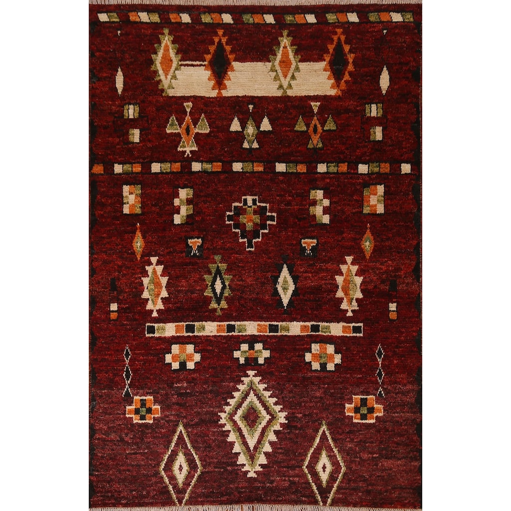 Hand Knotted Oriental 100% Wool Carpet Modern Tribal Red Moroccan Area Rug - 7' 9'' X 5' 8''