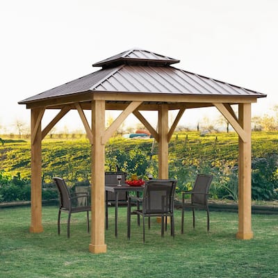 Outsunny 10' x 10' Hardtop Gazebo Canopy Patio Shelter Outdoor with Solid Wood Frame, Steel Double Tier Roof, Brown