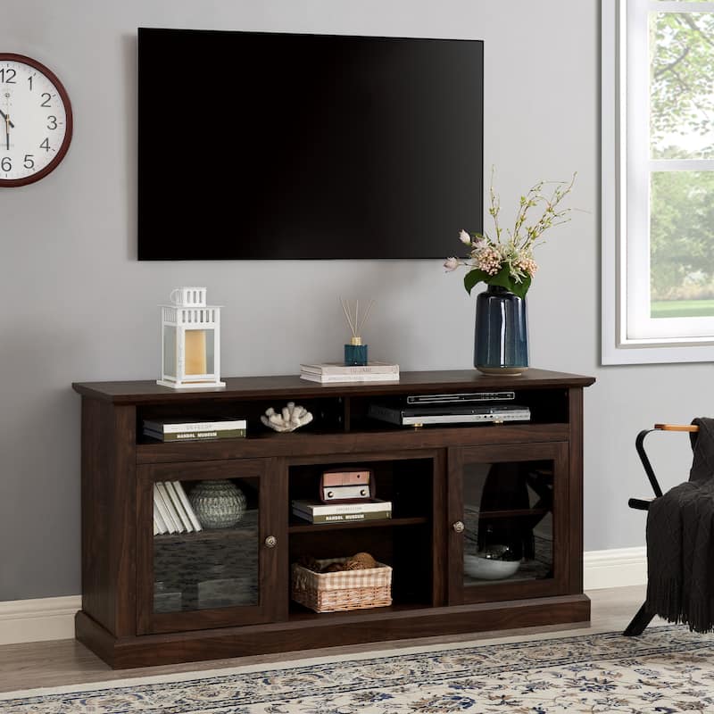 60-Inch Brown TV Stand with Glass Doors, Adjustable Shelves, and Cable Management for 65-Inch TVs