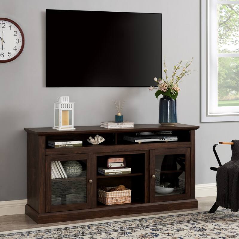 Brown 60" Modern TV Stand with Shelves & Glass Cabinets for TVs Up to 65"
